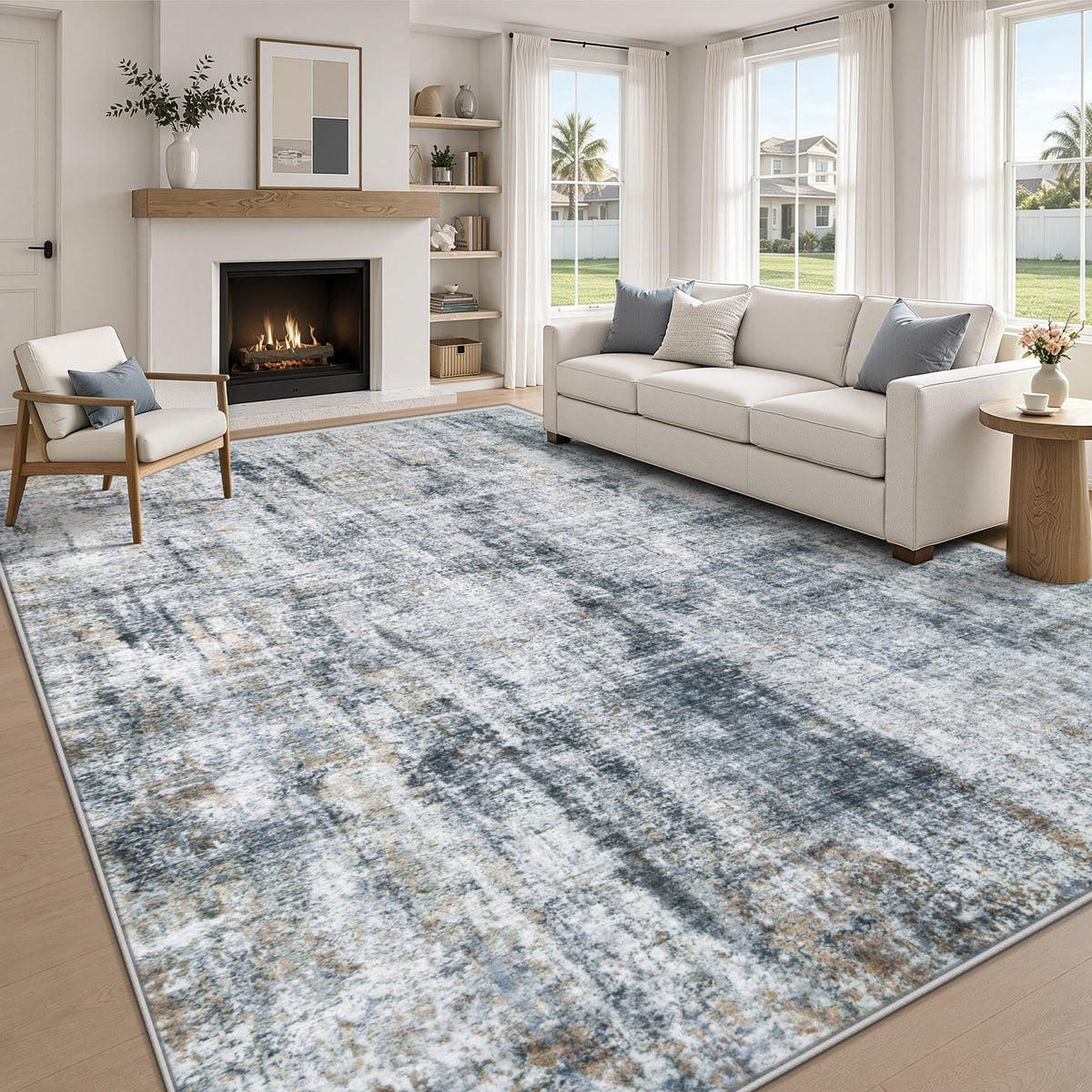 MXSANYOO 6x9 Area Rugs Washable Rug: Abstract Neutral Rugs Modern Non Slip Area Rug Stain Resistant Low Pile Indoor Carpet for Dining Room Bedroom Nursery Office (Beige, 6'x9')