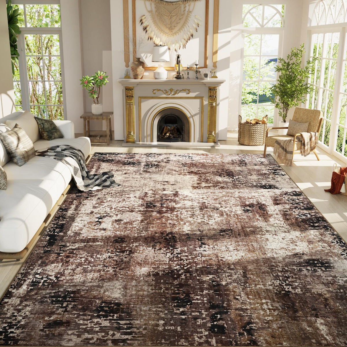 Living Room Rug 5x7 Gray Area Rug Machine Washable Boho Rug Non Slip Abstract Vintage Indoor Large Rugs for Bedroom, Classroom, College Dorm, Farmhouse, Dining Room, Kids Playroom