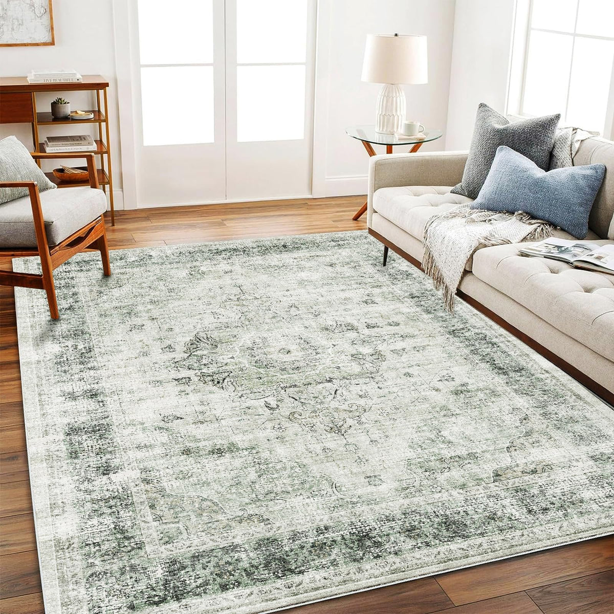 CHAMPLANT Area Rug 4x6 Washable Rug Gray Vintage Traditional Floor Cover Foldable Thin Retro Accent Indoor Distressed Non Slip Carpet Floral Print Mat Bedroom Living Room Bathroom
