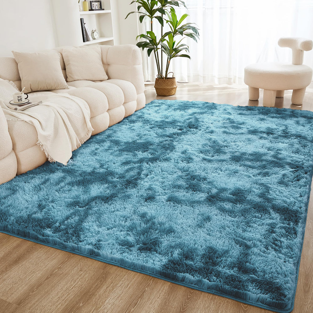 Litanika 4x6 Shag Area Rug for Bedroom, Tie-Dyed Beige Plush Rug