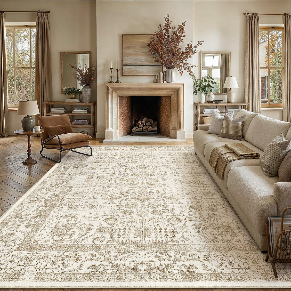 PureCozy Beige Area Rug 5x7 Vintage Farmhouse Floral