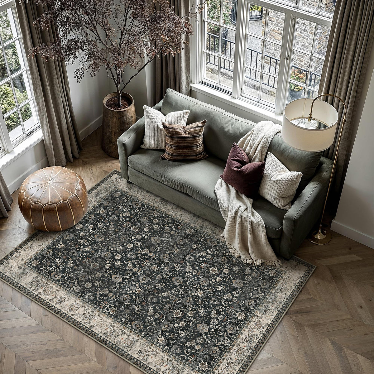 HUGEAR 2x6 Brown Vintage Floral Washable Runner Rug for Hallway