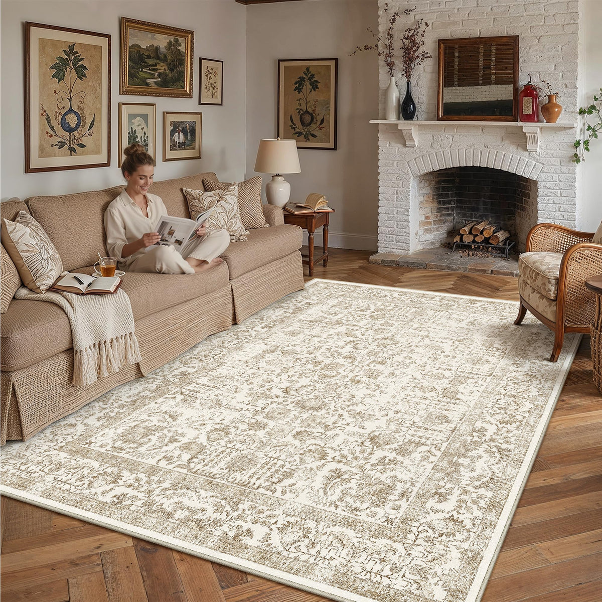 PureCozy Beige Area Rug 5x7 Vintage Farmhouse Floral