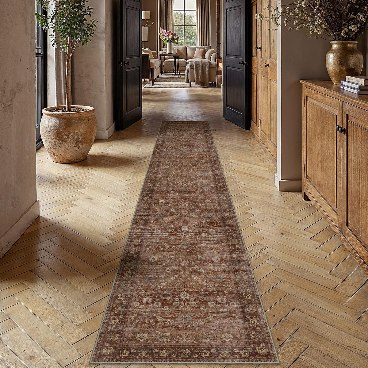 HUGEAR 2x6 Brown Vintage Floral Washable Runner Rug for Hallway