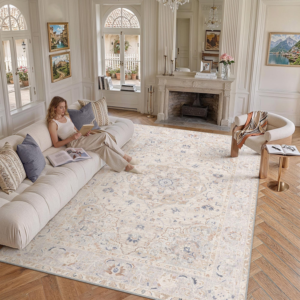 8x10 Beige Area Rug Vintage Carpet