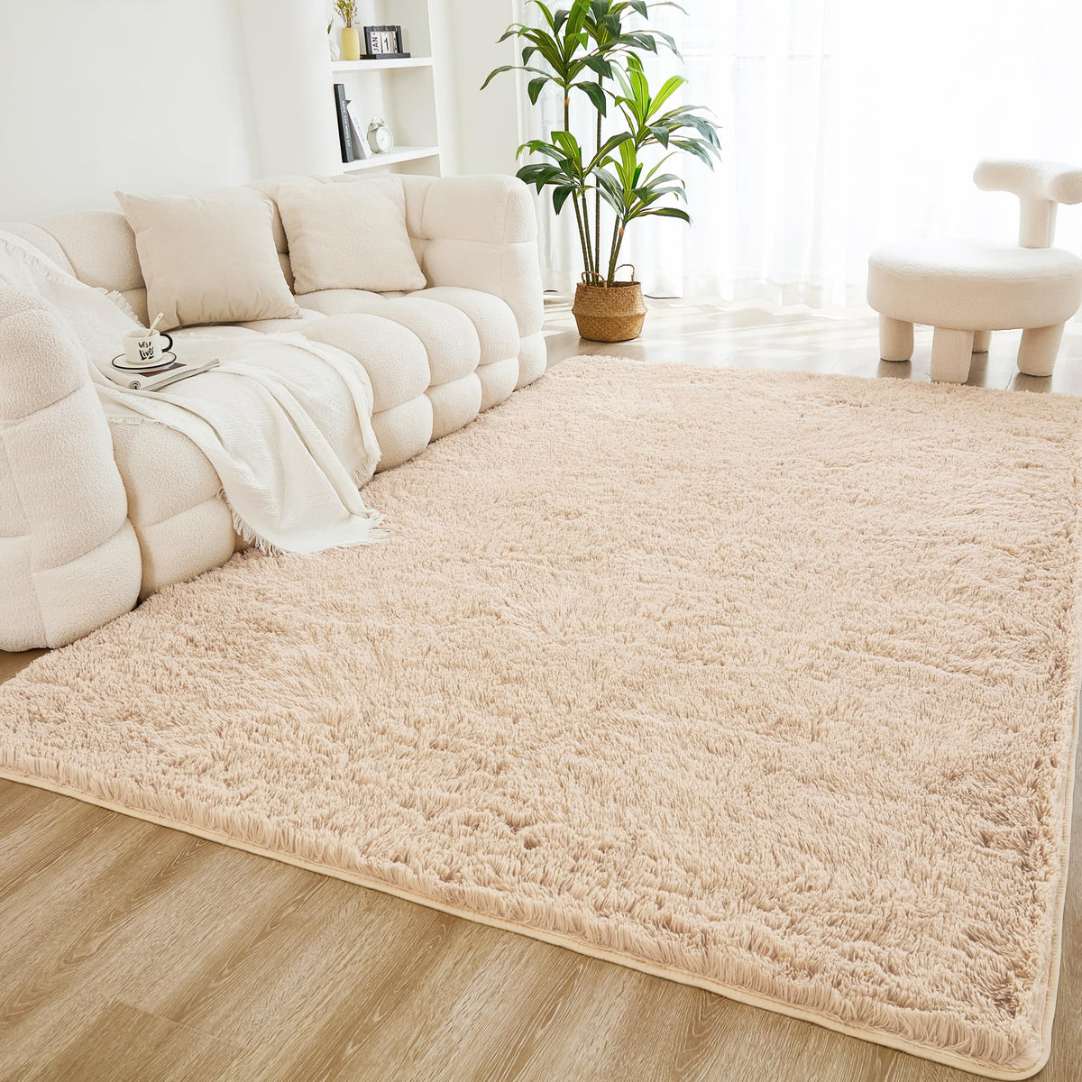 Litanika 4x6 Shag Area Rug for Bedroom, Tie-Dyed Beige Plush Rug