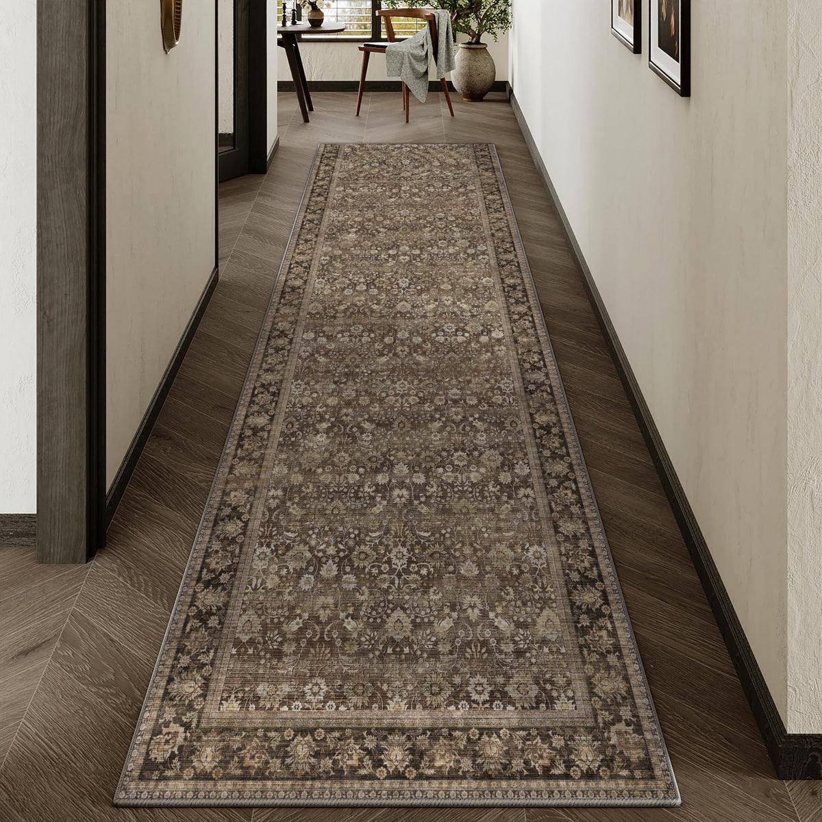 HUGEAR 2x6 Brown Vintage Floral Washable Runner Rug for Hallway