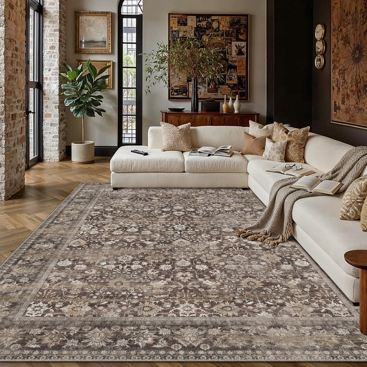 HUGEAR 2x6 Brown Vintage Floral Washable Runner Rug for Hallway