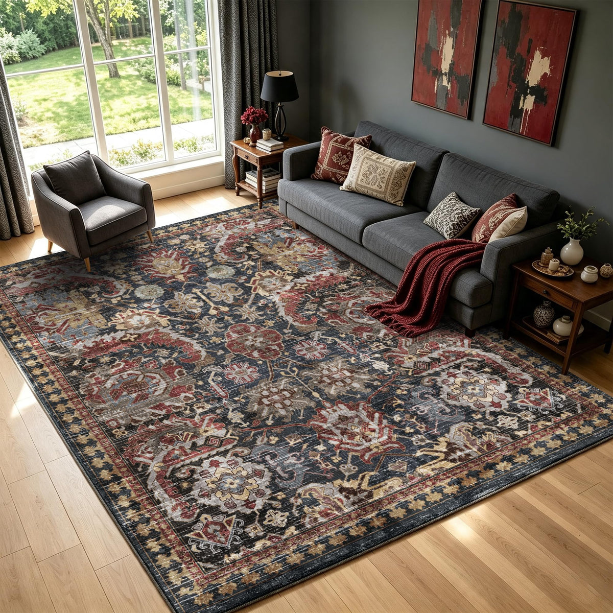RUGSURE Washable Area Rug - 1/6 Thick - Stain & Water Resistant Non-Slip - Resistant Rug for Living Room, Bedroom, Nursery, Pet & Child Friendly, Vintage Charm Area Rugs (Grey+LightTeal, 3' x 5 ')
