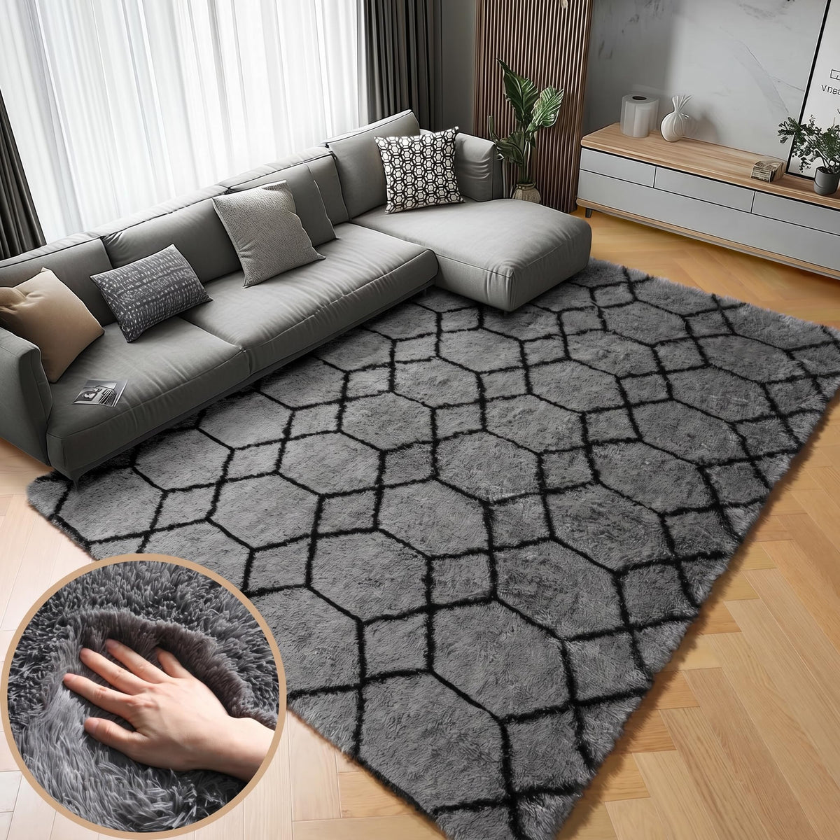 Area Rugs for Bedroom Living Room, 4x6 Fluffy Grey and Black Geometric Rug