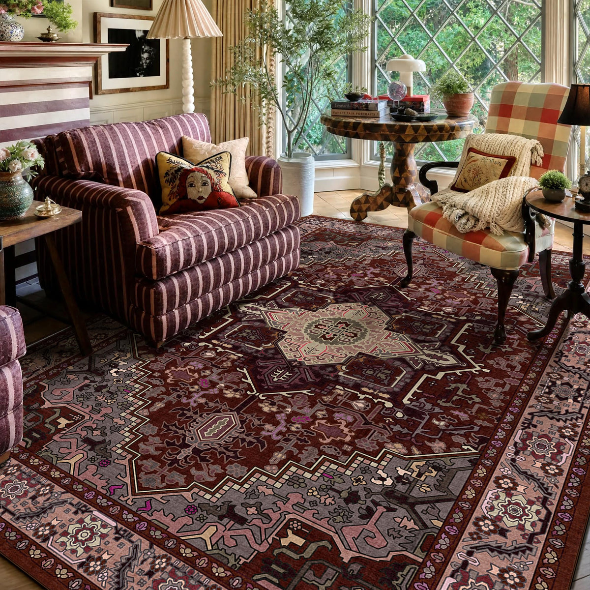 Kokia 9x12 Washable Area Rugs Maroon with Vintage Orient Design, Soft Rug for Living Room or Bedroom, Non-Slip Low Pile Stain Resistance Features, Distressed Medallion Pattern
