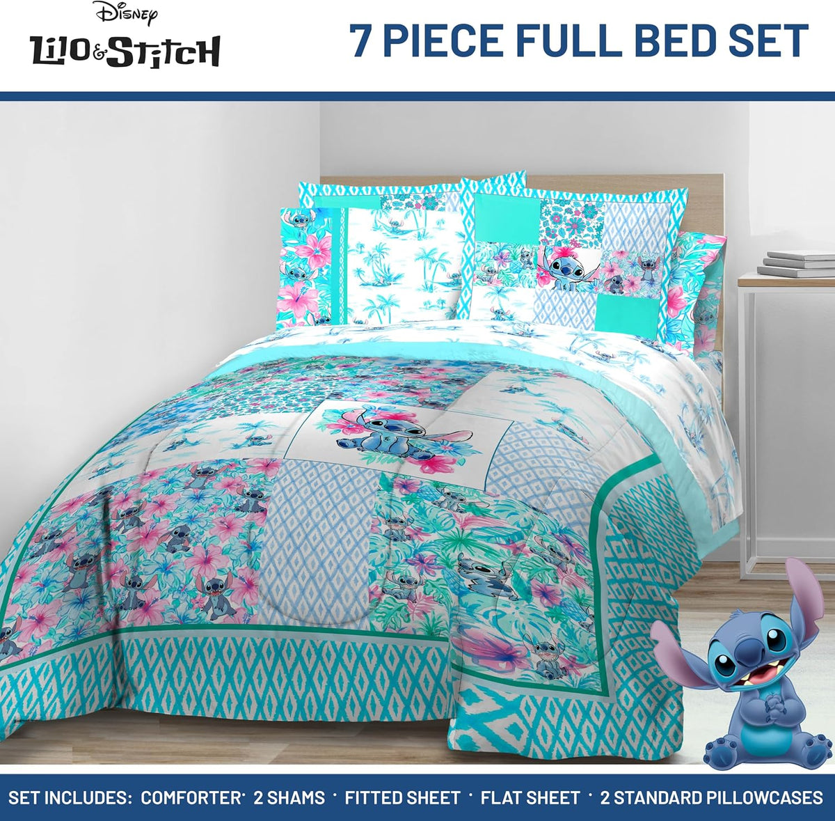 Disney Lilo and Stitch Full Size Comforter Set 7 Piece Bedding, Multi