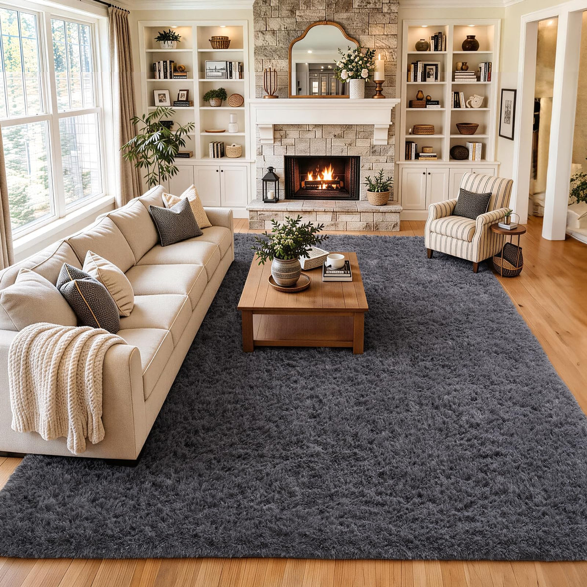 Ophanie Round Rugs 5Ft Ivory Circle Area Rug,Baby Nursery Living Room Bedroom Decor Circular Carpet 5 Foot,Fluffy Fuzzy Shag Plush Cream for Kids Boys Girls Teen with Over 99 pcs Pile fibers