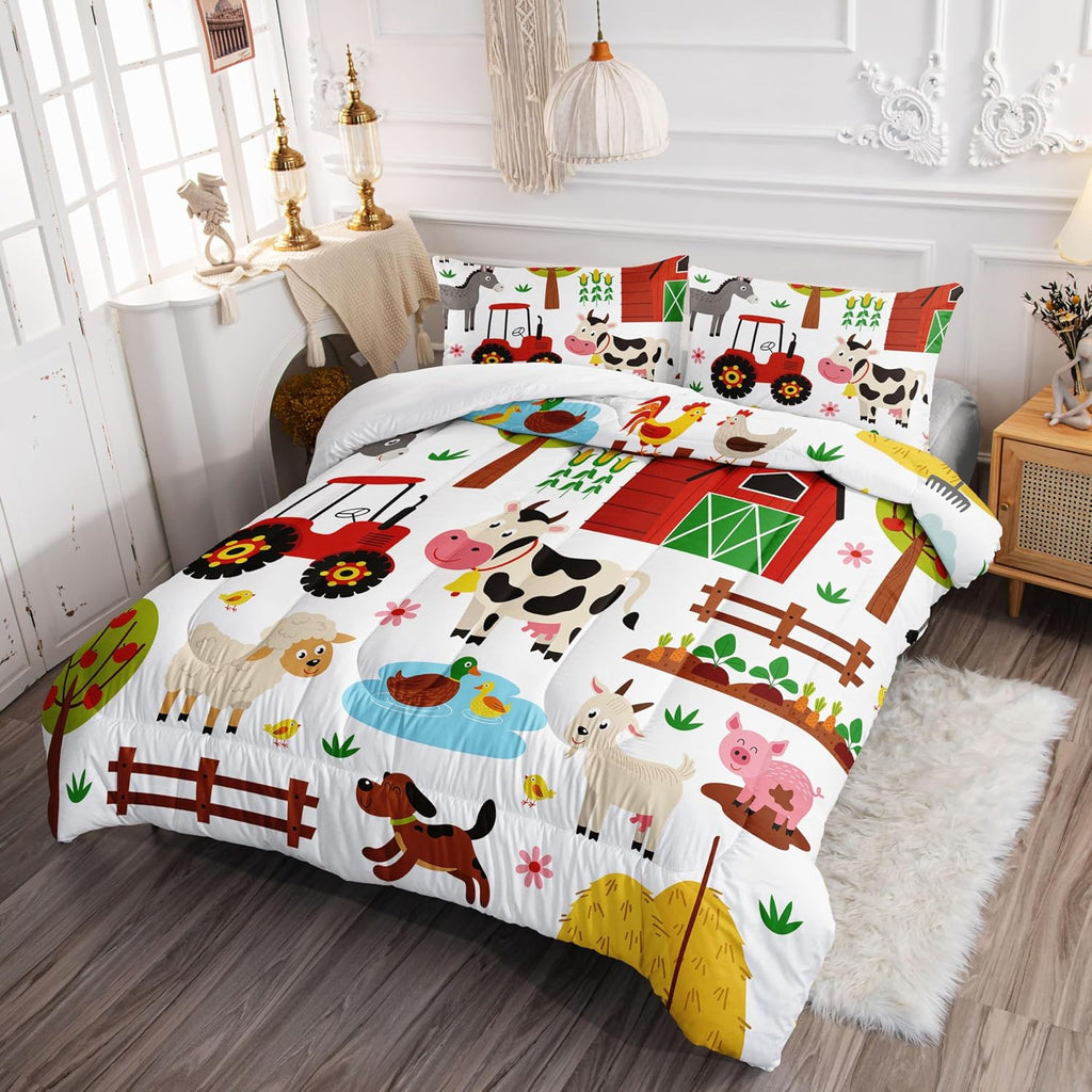 Kids Comforter Set Farm Theme Printed Pattern Bedding Set with 1 Comforter and 2 Pillowcases for Girls Boys Bedroom All Season(Farm Theme01 Twin)