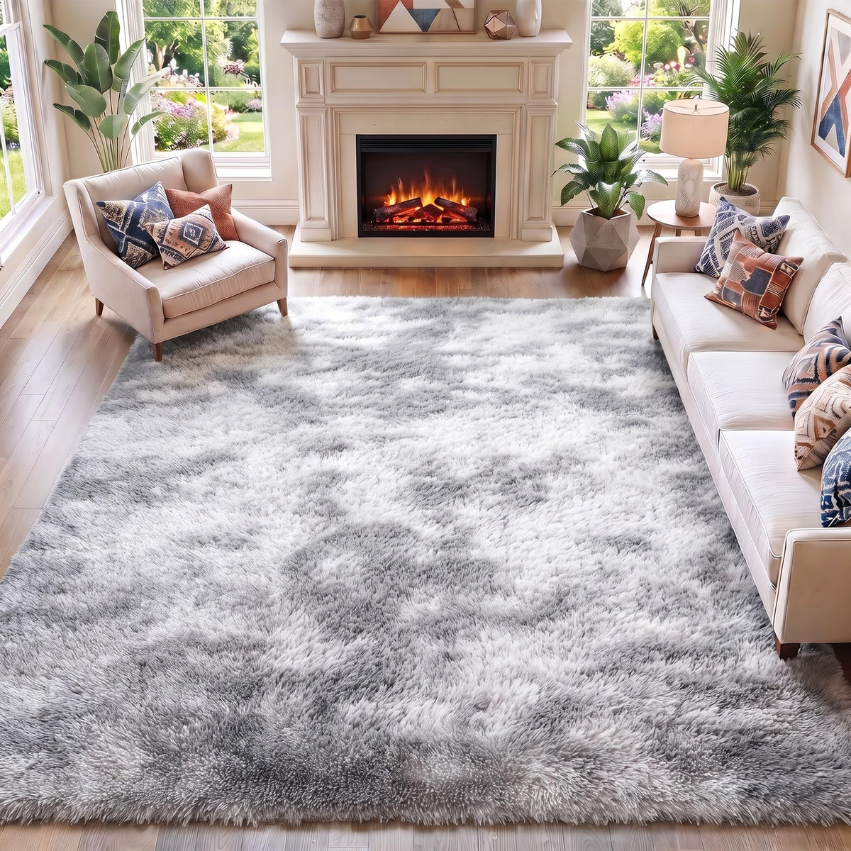 Area Rugs for Bedroom Living Room, 4x6 Fluffy Grey and Black Geometric Rug