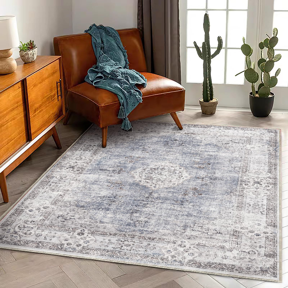 CHAMPLANT Area Rug 4x6 Washable Rug Gray Vintage Traditional Floor Cover Foldable Thin Retro Accent Indoor Distressed Non Slip Carpet Floral Print Mat Bedroom Living Room Bathroom