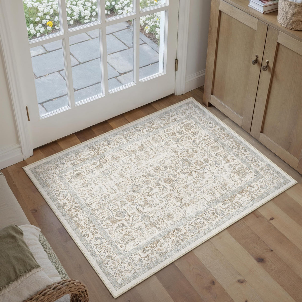 PureCozy Beige Area Rug 5x7 Vintage Farmhouse Floral
