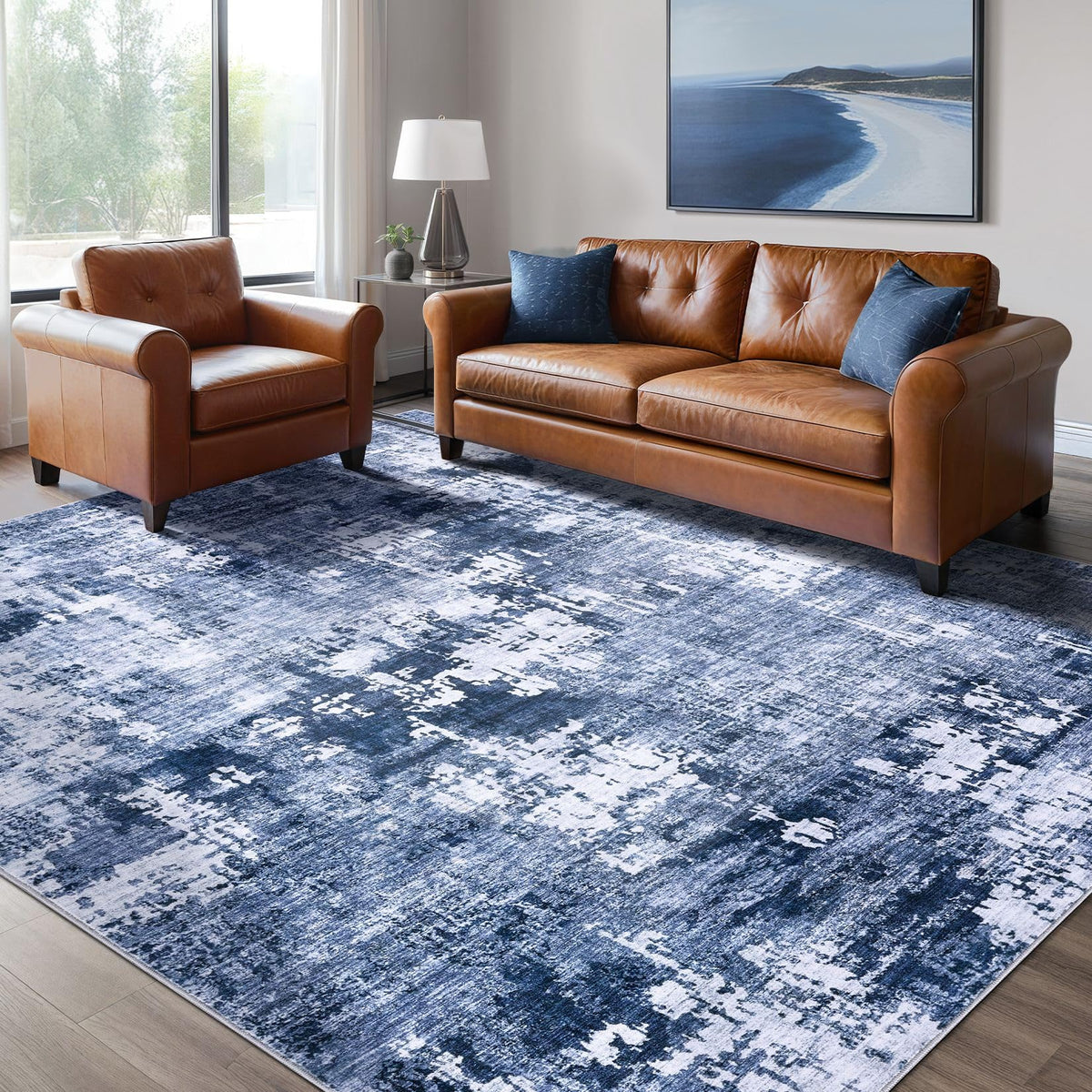 DMOYEST Area Rug Living Room Rugs 5x7 Washable Abstract Beige Blue Carpet