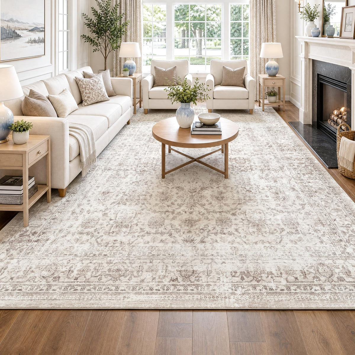 FMFUNCTEX 5x7 Washable Beige Neutral Vintage Retro Area Rug for Living Room
