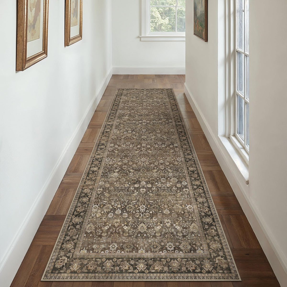 HUGEAR 2x6 Brown Vintage Floral Washable Runner Rug for Hallway