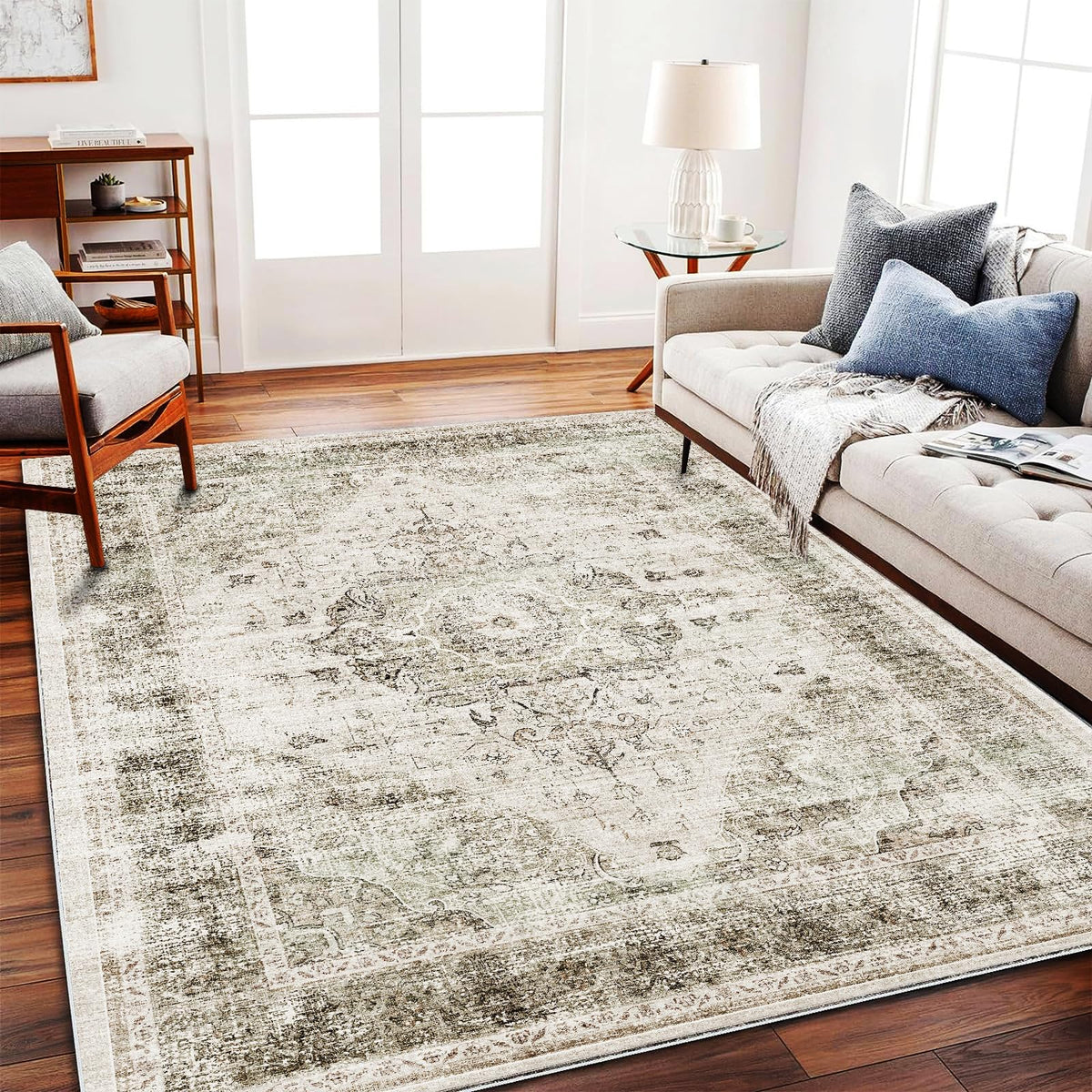 CHAMPLANT Area Rug 4x6 Washable Rug Gray Vintage Traditional Floor Cover Foldable Thin Retro Accent Indoor Distressed Non Slip Carpet Floral Print Mat Bedroom Living Room Bathroom