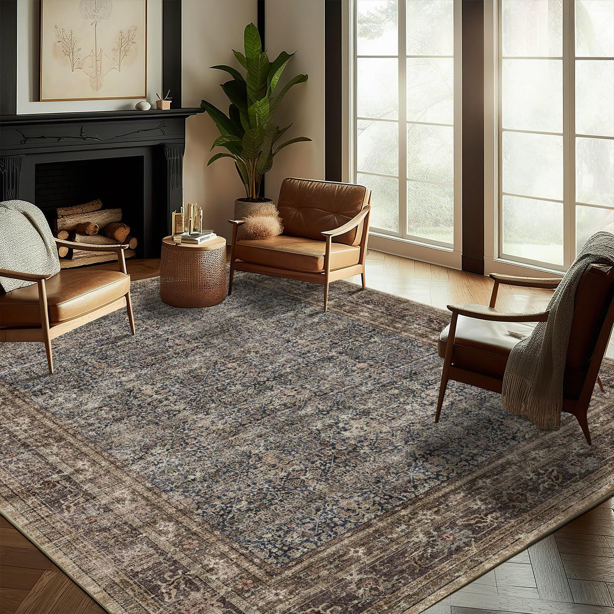 CHAMPLANT Area Rug 4x6 Washable Rug Gray Vintage Traditional Floor Cover Foldable Thin Retro Accent Indoor Distressed Non Slip Carpet Floral Print Mat Bedroom Living Room Bathroom