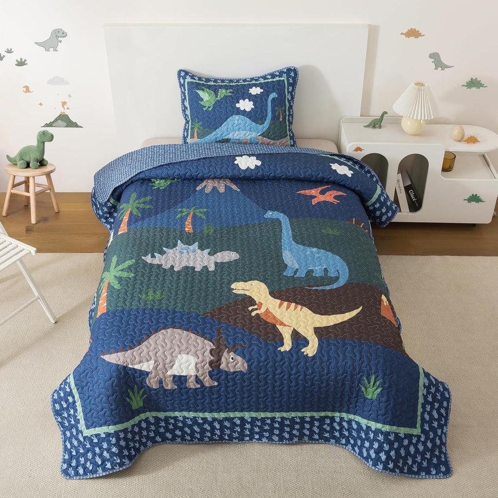 Soul & Lane - Dinosaur Quilt Set, Kids Dino Bedding, Twin with 1 Sham