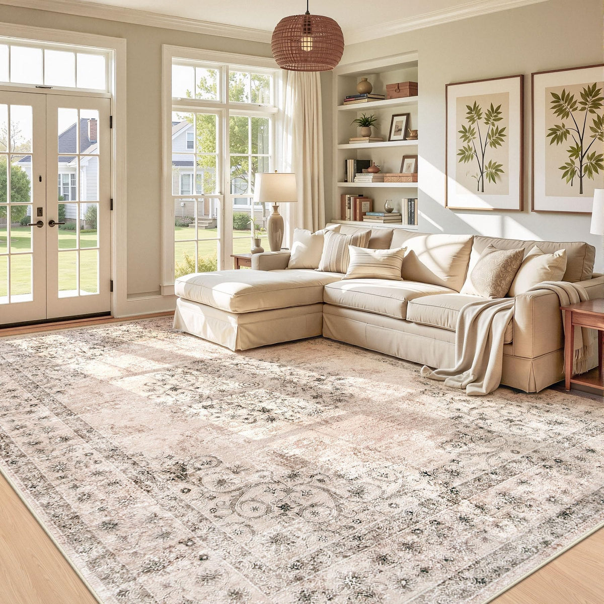 Area Rug 5x7 Vintage Rug: Washable Indoor Medallion Rugs Low Pile Distressed Floor Carpet Retro Accent Rug for Living Room Bedroom Kitchen Dining Table Home Office(Beige, 5'x7')