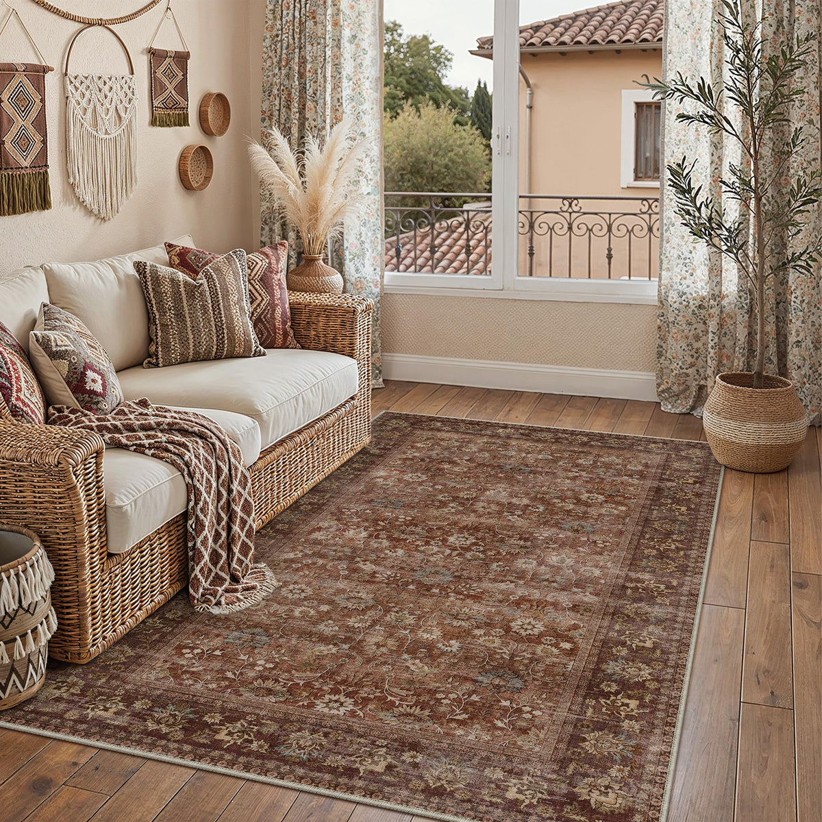 HUGEAR 2x6 Brown Vintage Floral Washable Runner Rug for Hallway