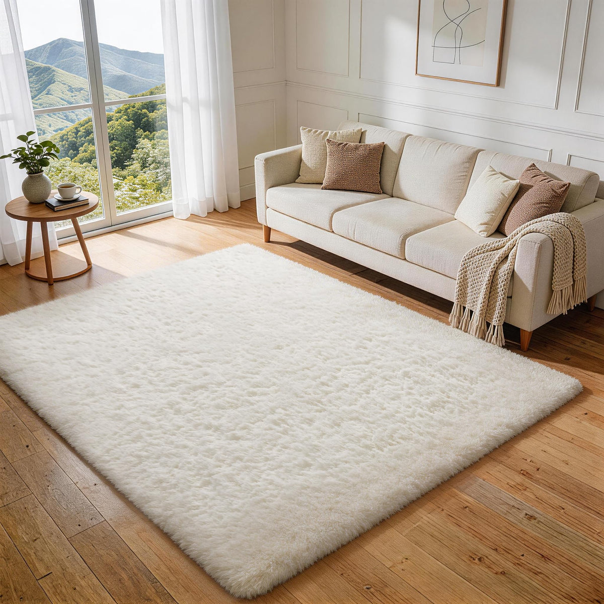 Ophanie Round Rugs 5Ft Ivory Circle Area Rug,Baby Nursery Living Room Bedroom Decor Circular Carpet 5 Foot,Fluffy Fuzzy Shag Plush Cream for Kids Boys Girls Teen with Over 99 pcs Pile fibers