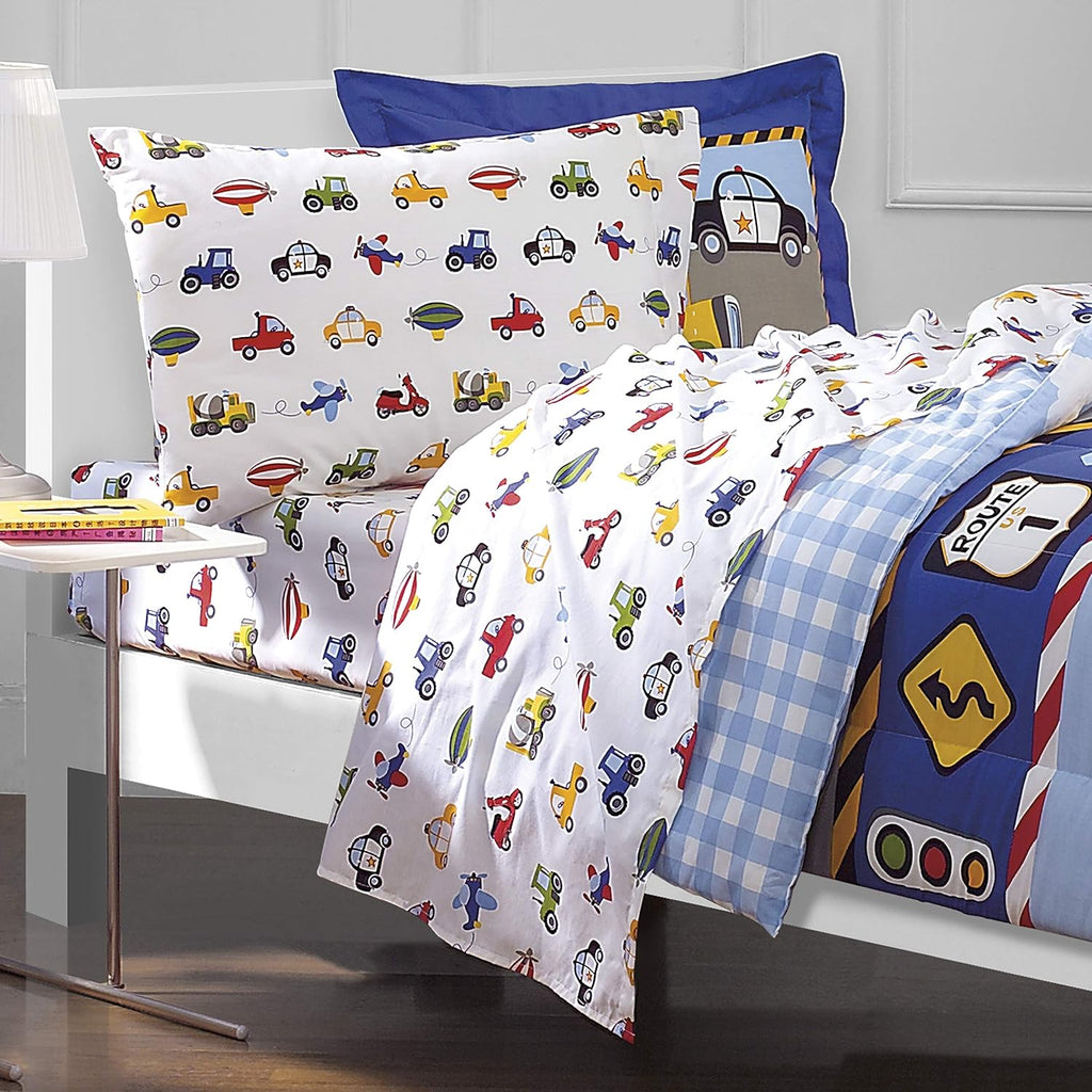 dream FACTORY Trucks Tractors Cars Boys 5-Piece Bedding Kids Construction Comforter Sheet Set, Twin Blue Red Multi