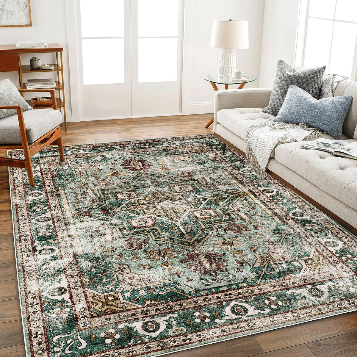CHAMPLANT Area Rug 4x6 Washable Rug Gray Vintage Traditional Floor Cover Foldable Thin Retro Accent Indoor Distressed Non Slip Carpet Floral Print Mat Bedroom Living Room Bathroom
