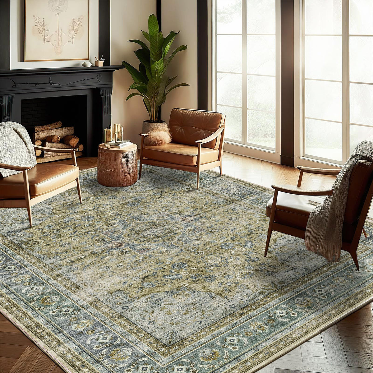 CHAMPLANT Area Rug 4x6 Washable Rug Gray Vintage Traditional Floor Cover Foldable Thin Retro Accent Indoor Distressed Non Slip Carpet Floral Print Mat Bedroom Living Room Bathroom