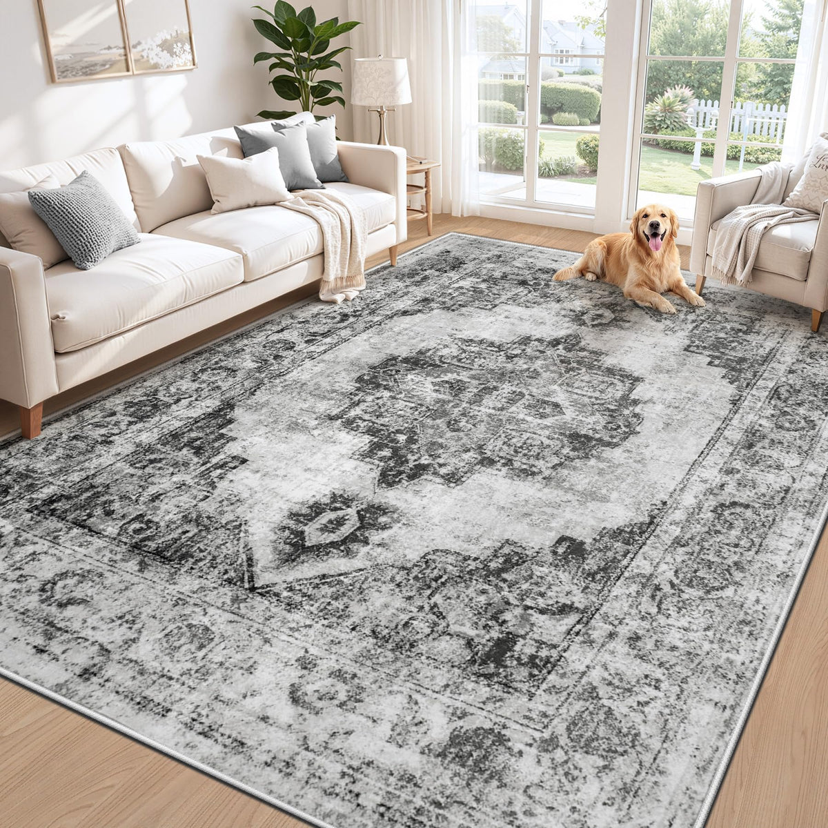 Area Rug 5x7 Vintage Rug: Washable Indoor Medallion Rugs Low Pile Distressed Floor Carpet Retro Accent Rug for Living Room Bedroom Kitchen Dining Table Home Office(Beige, 5'x7')