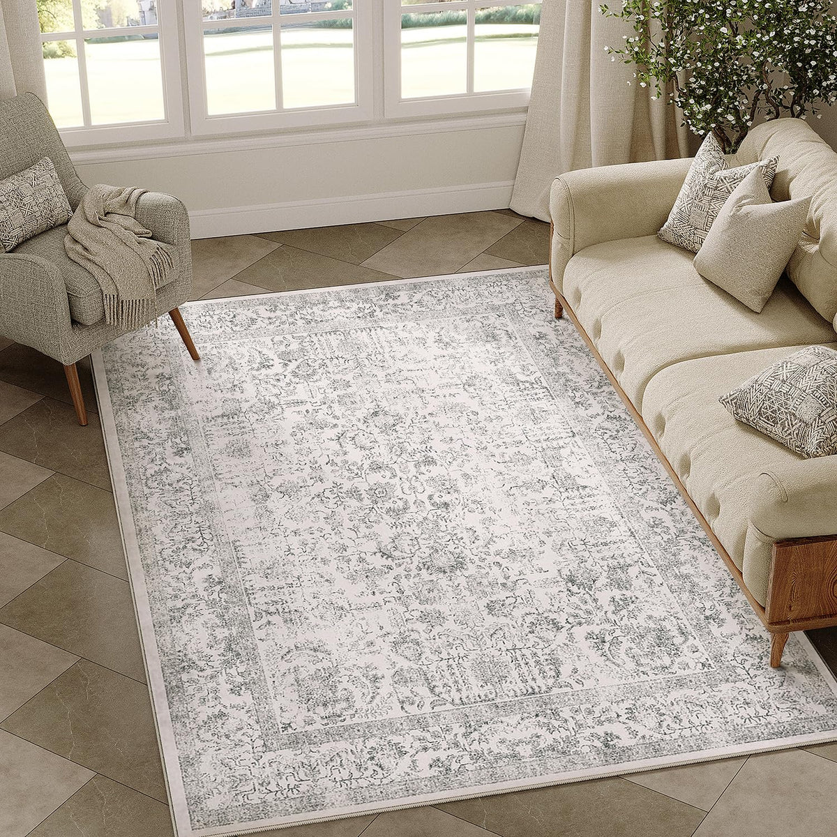PureCozy Beige Area Rug 5x7 Vintage Farmhouse Floral