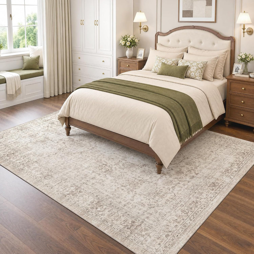 FMFUNCTEX 5x7 Washable Beige Neutral Vintage Retro Area Rug for Living Room