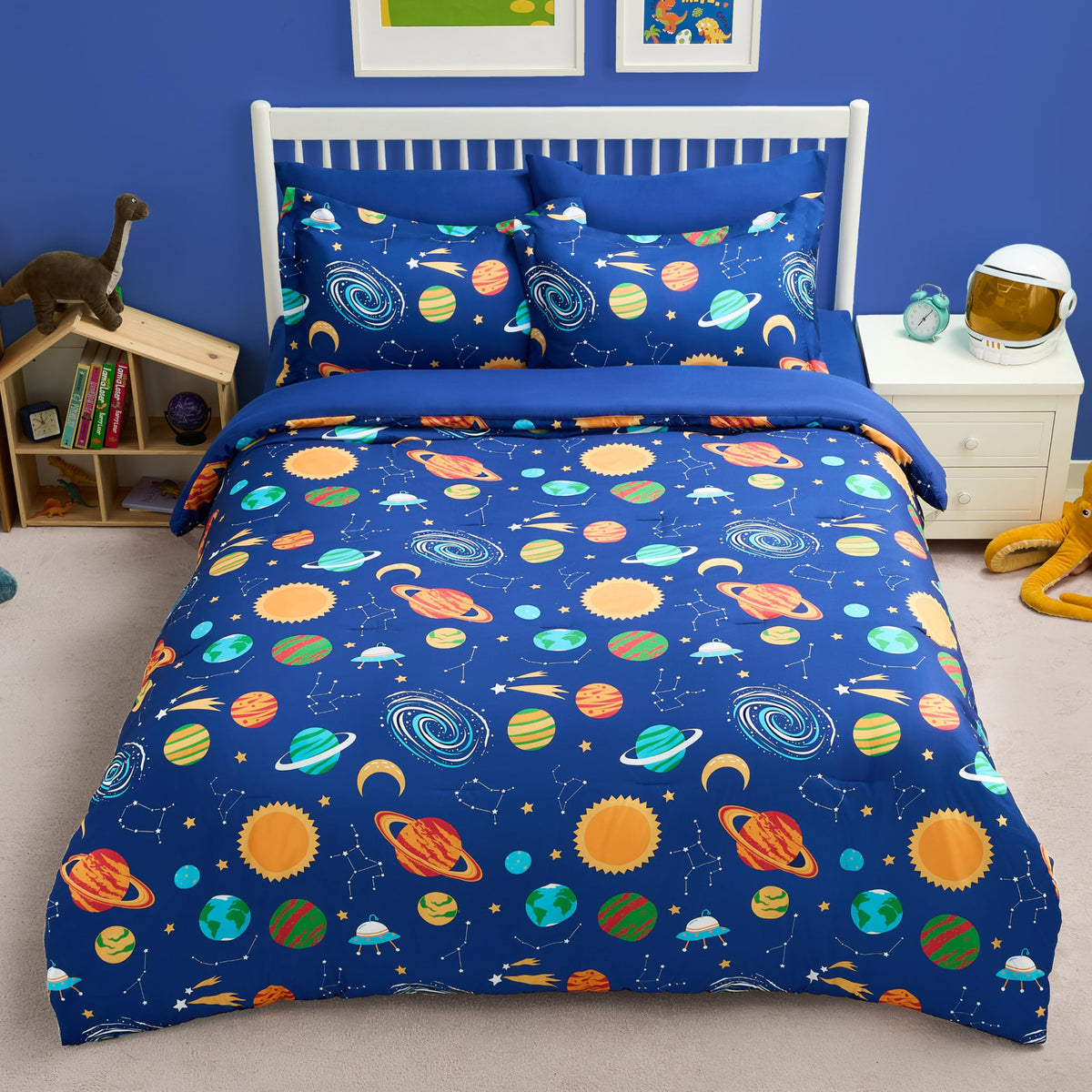 Joiedomi Kids Comforter Set Bedding Set for Boys Girls Super Soft Microfiber Bed in a Bag with Comforter Sheets Pillowcase Sham, Dark Blue Dinosaur, Twin