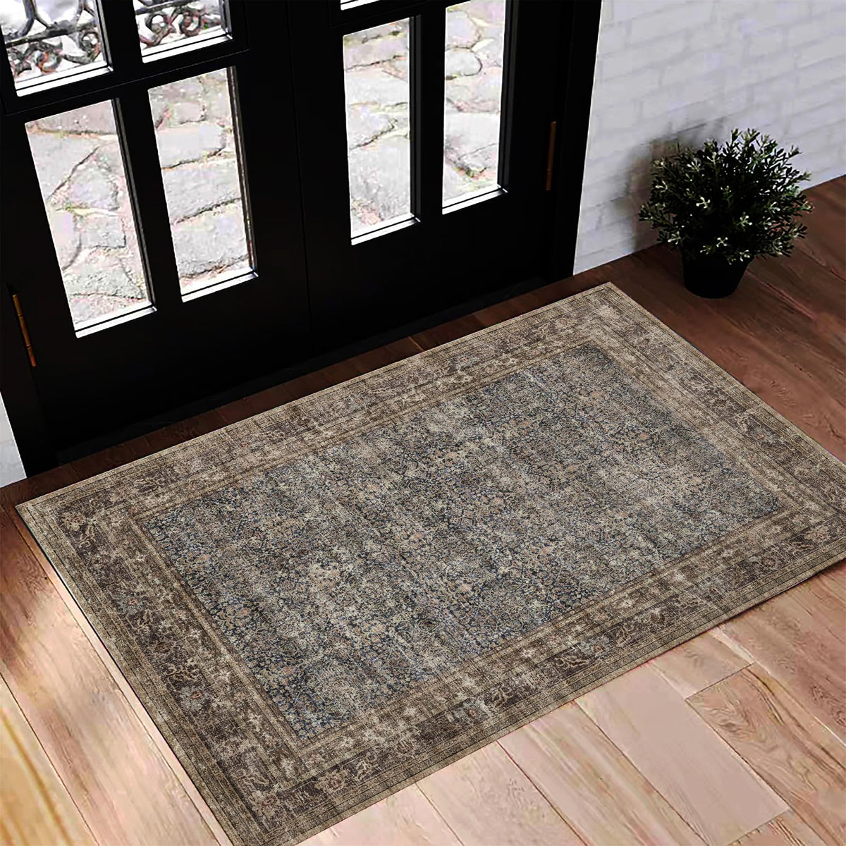 CHAMPLANT Area Rug 4x6 Washable Rug Gray Vintage Traditional Floor Cover Foldable Thin Retro Accent Indoor Distressed Non Slip Carpet Floral Print Mat Bedroom Living Room Bathroom