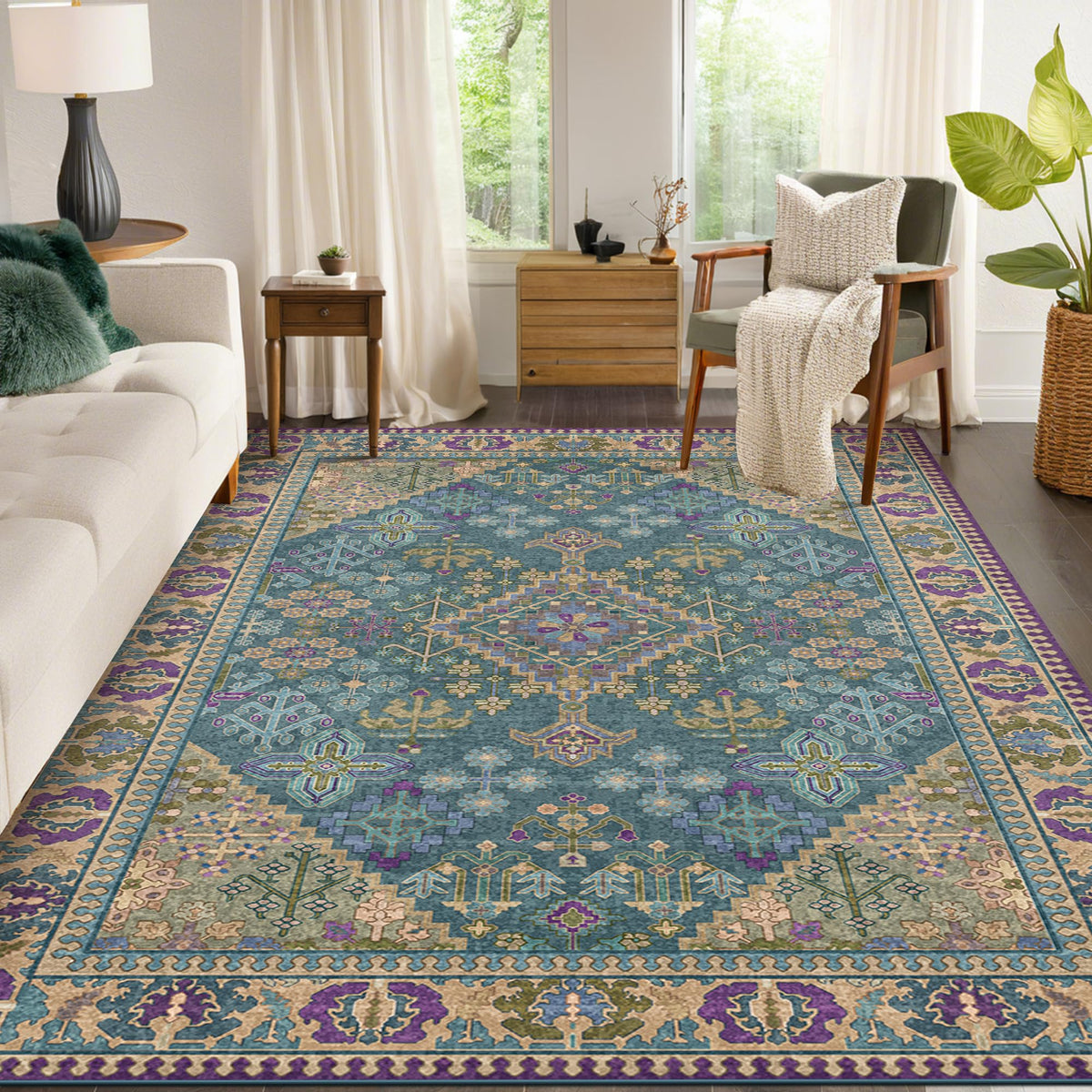 Kokia 9x12 Washable Area Rugs Maroon with Vintage Orient Design, Soft Rug for Living Room or Bedroom, Non-Slip Low Pile Stain Resistance Features, Distressed Medallion Pattern
