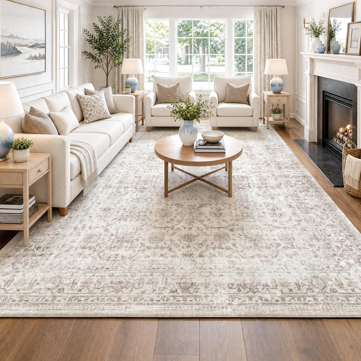 FMFUNCTEX 5x7 Washable Beige Neutral Vintage Retro Area Rug for Living Room