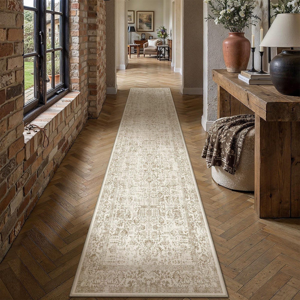 PureCozy Beige Area Rug 5x7 Vintage Farmhouse Floral