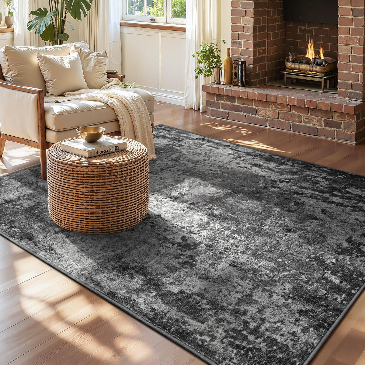 Living Room Rug 5x7 Gray Area Rug Machine Washable Boho Rug Non Slip Abstract Vintage Indoor Large Rugs for Bedroom, Classroom, College Dorm, Farmhouse, Dining Room, Kids Playroom
