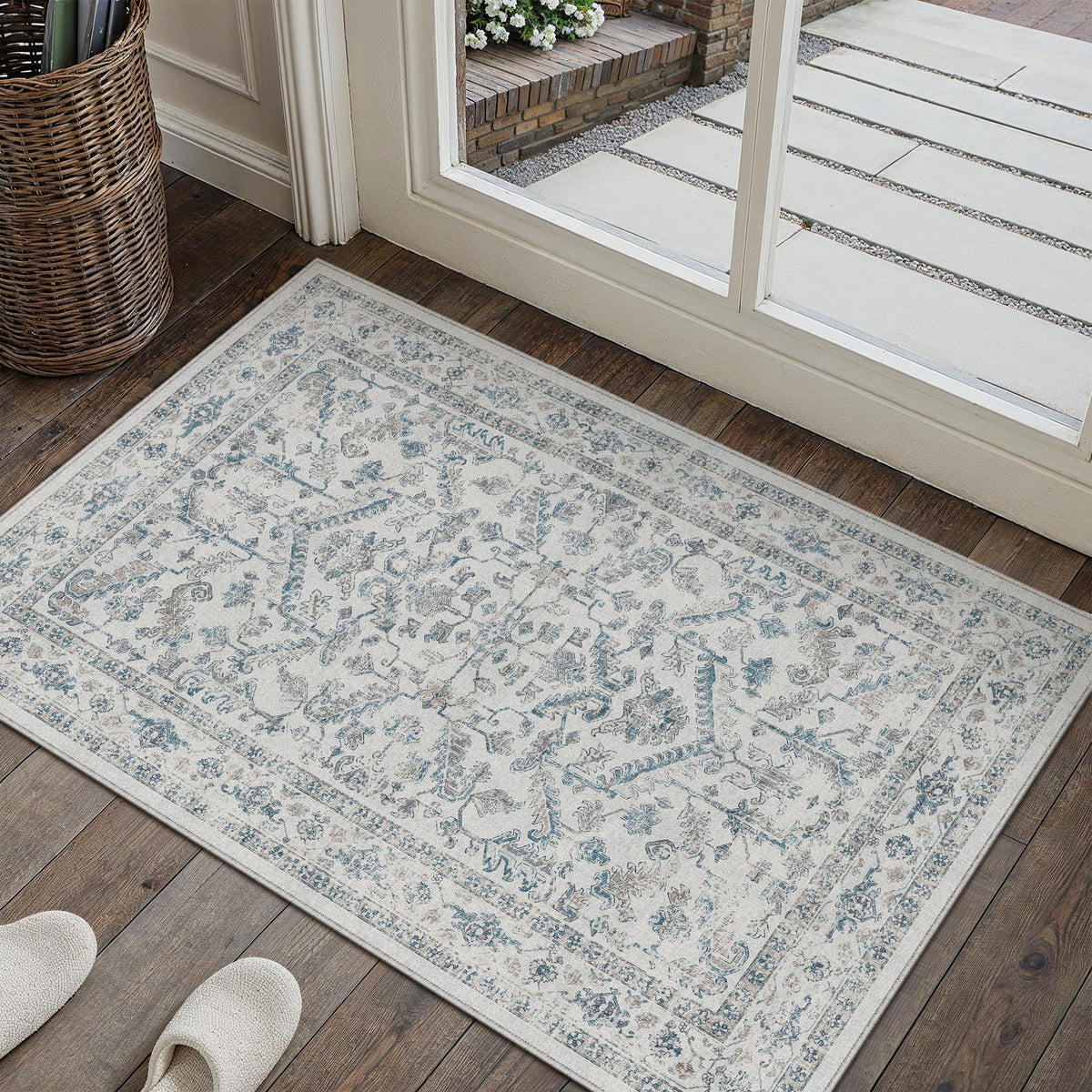 PureCozy Beige Area Rug 5x7 Vintage Farmhouse Floral
