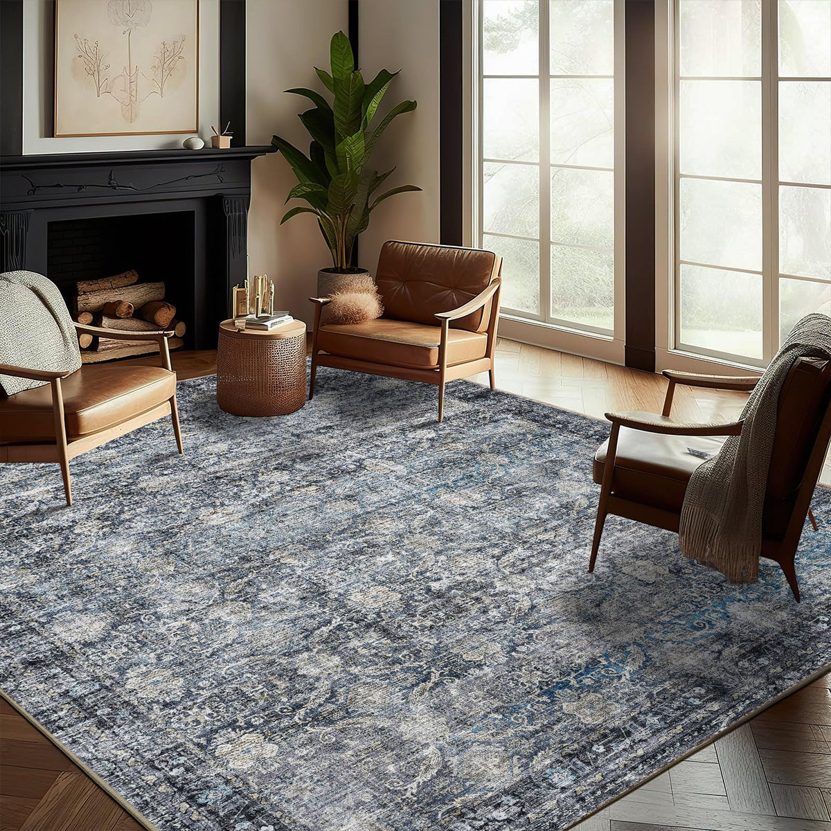 CHAMPLANT Area Rug 4x6 Washable Rug Gray Vintage Traditional Floor Cover Foldable Thin Retro Accent Indoor Distressed Non Slip Carpet Floral Print Mat Bedroom Living Room Bathroom