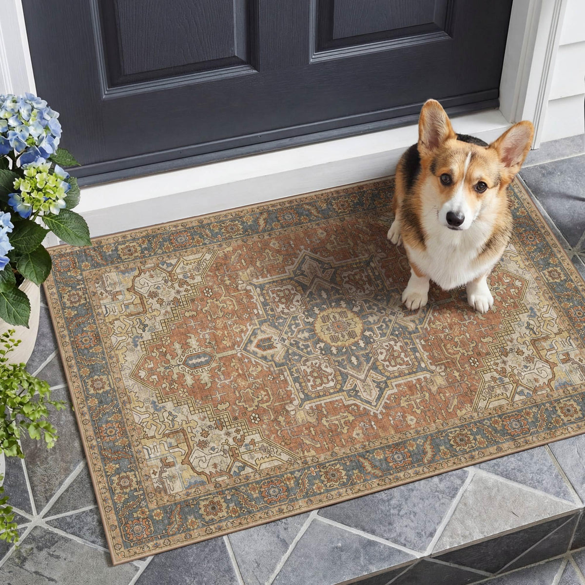 Kokia 9x12 Washable Area Rugs Maroon with Vintage Orient Design, Soft Rug for Living Room or Bedroom, Non-Slip Low Pile Stain Resistance Features, Distressed Medallion Pattern