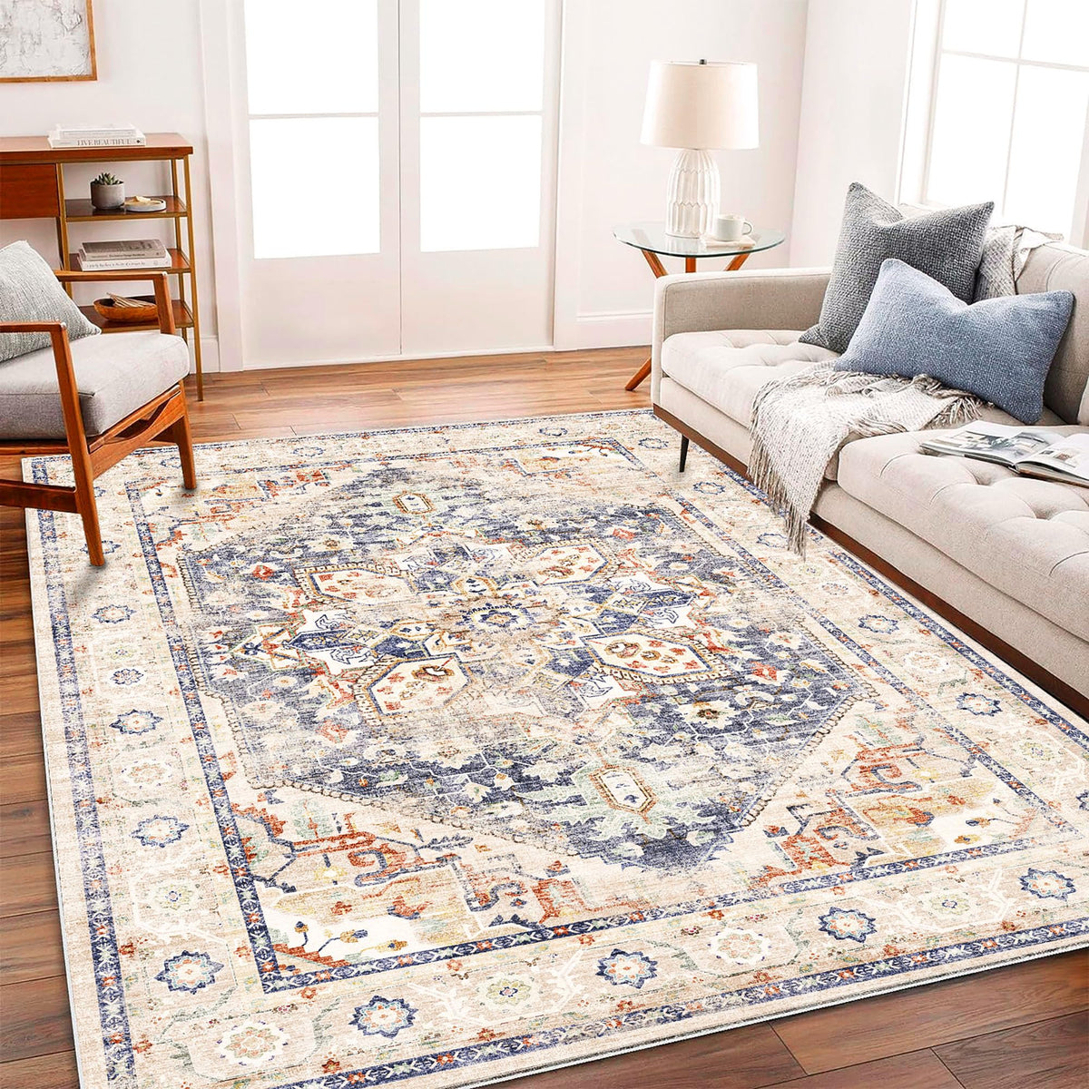 CHAMPLANT Area Rug 4x6 Washable Rug Gray Vintage Traditional Floor Cover Foldable Thin Retro Accent Indoor Distressed Non Slip Carpet Floral Print Mat Bedroom Living Room Bathroom