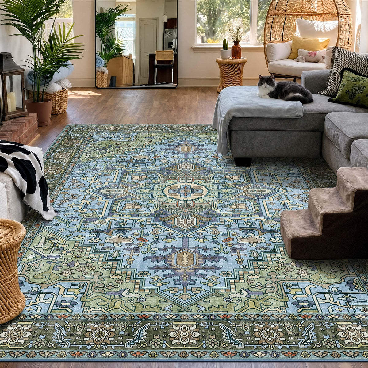 Kokia 9x12 Washable Area Rugs Maroon with Vintage Orient Design, Soft Rug for Living Room or Bedroom, Non-Slip Low Pile Stain Resistance Features, Distressed Medallion Pattern