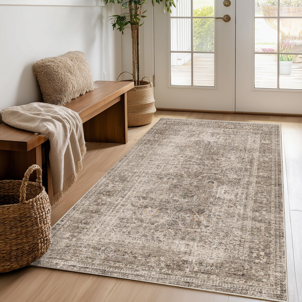 FMFUNCTEX 5x7 Washable Beige Neutral Vintage Retro Area Rug for Living Room