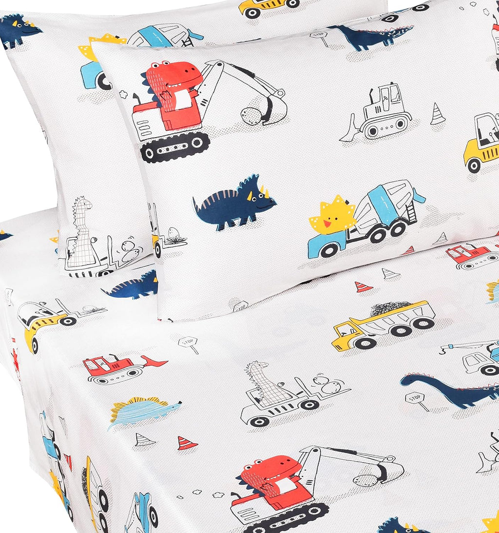 J-pinno Dinosaur Construction Work Digger Cars Vehicle Cute Cozy Fun Full Sheet Set for Kids Girls Children 100% Cotton Flat Sheet + Fitted Sheet + Piillowcase Bedding Set (Dinosaur, Full)