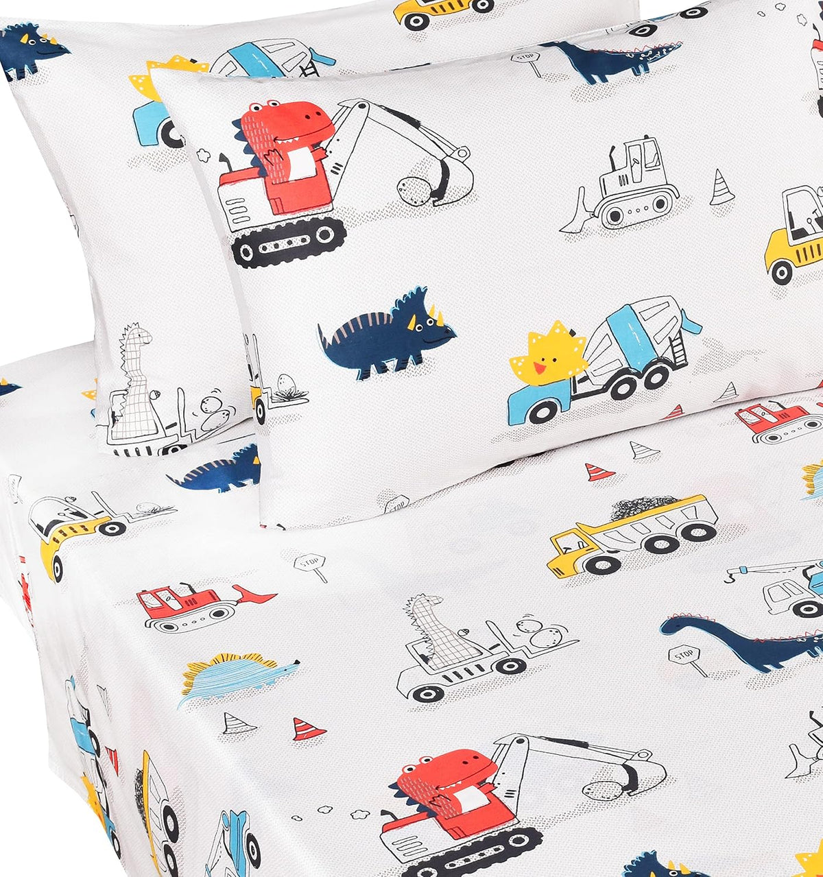 J-pinno Dinosaur Construction Work Digger Cars Vehicle Cute Cozy Fun Full Sheet Set for Kids Girls Children 100% Cotton Flat Sheet + Fitted Sheet + Piillowcase Bedding Set (Dinosaur, Full)